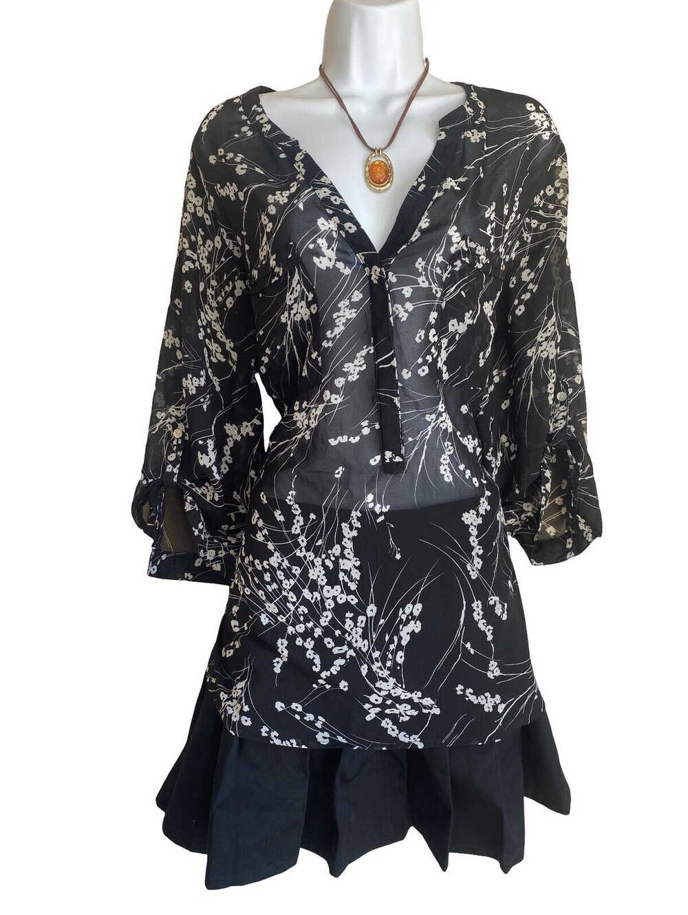 Vintage Apt 9 Plus 1X Black Floral Sheer Button Up Blouse Boho Goth Whimsigoth
